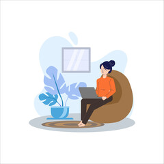 person working with laptop flat design work from home with flat Illustration