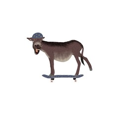 Obraz premium Illustration with donkey on skateboard in helmet.Print with farm animal on extreme sport and healthy lifestyle.Print on white background for fabric,nursing,paper,books,toys,greeting