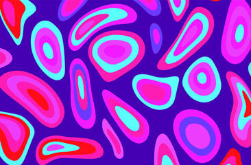 Psychedelic groovy background with colorful melting blobs and circles in retro 60s hippie art style.