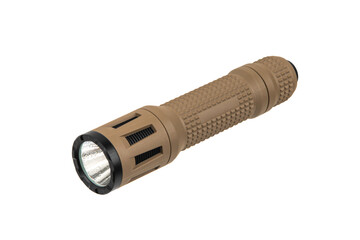 Brown metal LED flashlight isolate on a white back. Pocket lamp for dark time of day or dark rooms.