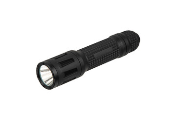 Black metal LED flashlight isolate on a white back. Pocket lamp for dark time of day or dark rooms.