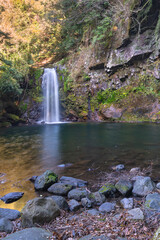 The Todorokikyo waterfall called after the deafening roar it makes as the water hits the plunge pool surrounded by rocks along the Sakai river of Taradake Prefectural Natural Park in Nagasaki.