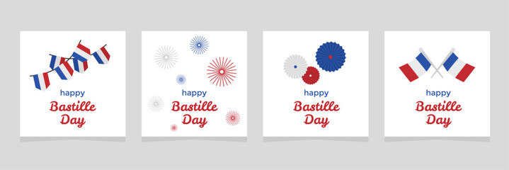 set of simple bastille day posters for social media posts, greeting cards, marketing, promotions, and more