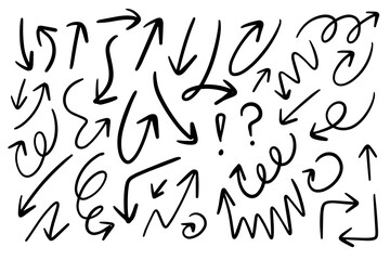 Hand drawn curve arrow icon set isolated on black background. doodle vector illustration.