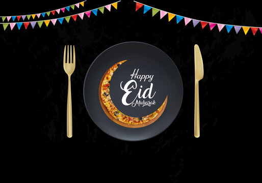 The new moon of Eid is symbolized by a pizza cut into the shape of a half-moon as a backdrop for eateries celebrating Islam and Eid.