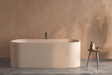 A beige bathtub standing on a concrete floor with beige wall background. Minimalist bathroom with concrete floor, a table with accessories on it, 3d rendering