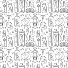 Magic hand drawn seamless pattern on white background. Vector pattern with alchemy bottles, sculls, insects, rat, mandrake, mystic and occult elements, alchemy and zodiac sings and celestial symbols.