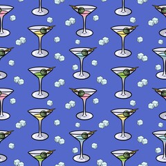 Blue print, Glass Martini glasses with green olive, Seamless square pattern
