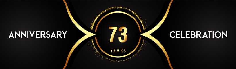 73 years anniversary celebration logotype with circle glitter sparkle on black background. Premium design for banner, birthday party, weddings, event party, graduation, poster, greetings card.