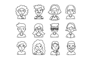 Faces outline doodle people set. Human Avatars Collection. Drawing Old and young age.