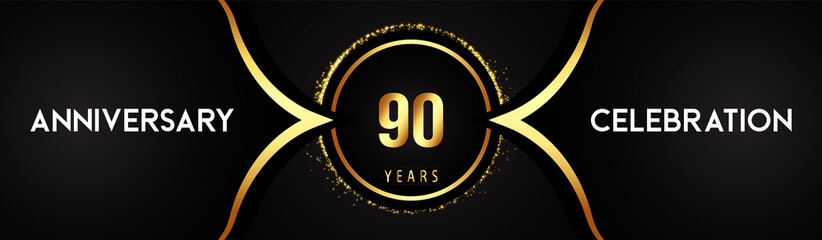 90 years anniversary celebration logotype with circle glitter sparkle on black background. Premium design for banner, birthday party, weddings, event party, graduation, poster, greetings card.