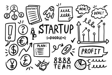 Startup doodle vector set. Sketch outline business strategy icons. Drawing element silhouette