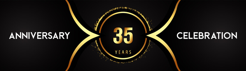 35 years anniversary celebration logotype with circle glitter sparkle on black background. Premium design for banner, birthday party, weddings, event party, graduation, poster, greetings card.