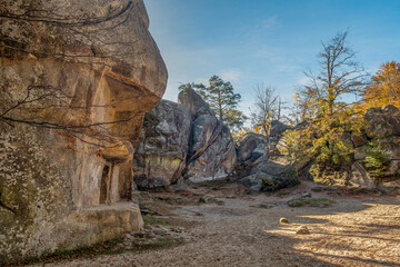 Obraz premium huge stone ancient rocks. autumn trees on high cliff in Ukraine.