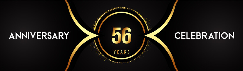56 years anniversary celebration logotype with circle glitter sparkle on black background. Premium design for banner, birthday party, weddings, event party, graduation, poster, greetings card.
