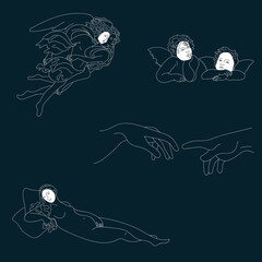 Hand drawn lineart of elements from renaissance paintings.