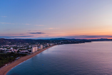Platja d'Aro Beach vacation. Aerial panoramic view of summer vacation tourist destination on the Costa Brava, Catalonia, Spain. Summer vacations.