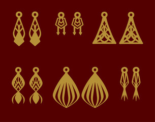 A collection of Earrings templates with geometric shapes. Isolated stencils pattern suitable for handmade work, laser cutting and printing.