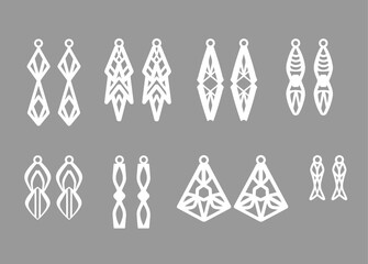 A collection of Earrings templates with geometric shapes. Isolated stencils pattern suitable for handmade work, laser cutting and printing.