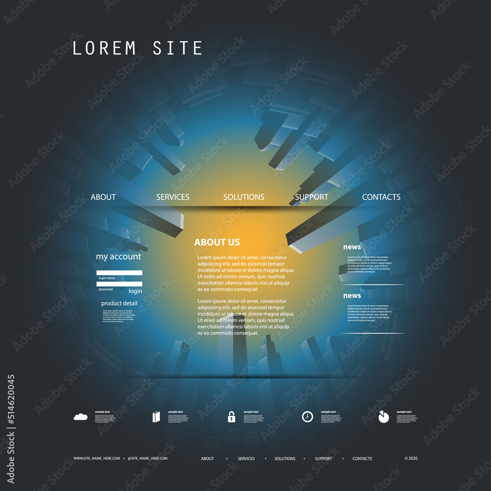 Poster website design template with skyscrapers and city view from below in editable vector format