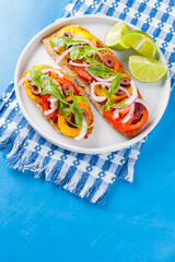 Traditional spanish tapas on a blue background. Healthy sandwiches with vegetables, greens, olives and lime. Vegetarian sandwiches on a white plate. Top view