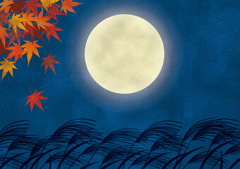 中秋の名月ススキと紅葉水彩画2