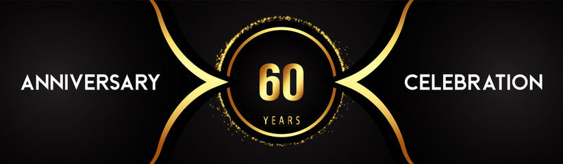 60 years anniversary celebration logotype with circle glitter sparkle on black background. Premium design for banner, birthday party, weddings, event party, graduation, poster, greetings card.