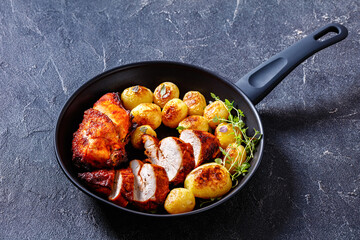 grilled chicken breasts with browned new potatoes