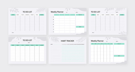Set of 6 minimalist planners. Daily, to-do list, weekly, planner template.	