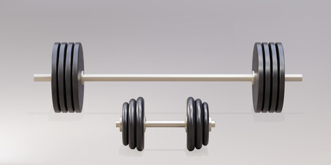 3d realistic barbell and dumbbell on gray background. Vector illustration.