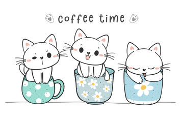 group of cute funny kitten cats sitting in coffee cup mug collection, adorable animal pet hand drawing doodle vector - obrazy, fototapety, plakaty