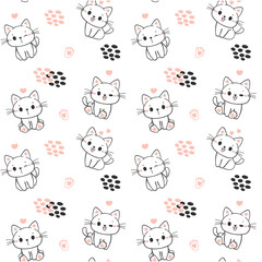 seamless pattern background cute happy smile kitten cat sitting cartoon doodle hand drawing isolated on white background
