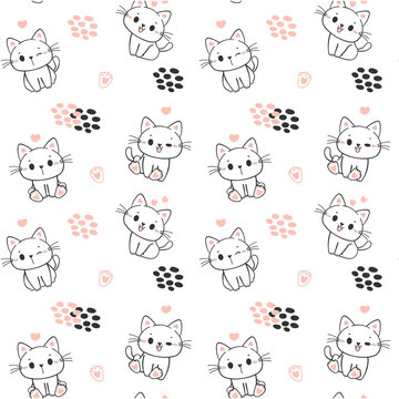 seamless pattern background cute happy smile kitten cat sitting cartoon doodle hand drawing isolated on white background