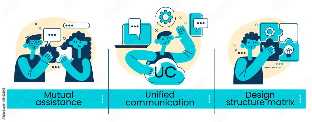 Poster design structure matrix, mutual assistance, unified communication concepts with people characters. b