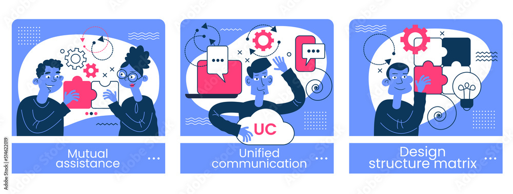 Poster design structure matrix, mutual assistance, unified communication concepts with people characters. b