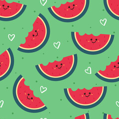 seamless pattern cartoon watermelon character in mint background. cute wallpaper for fabric print, gift wrap paper