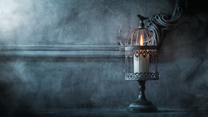 Mystical Halloween still-life background. Candlestick with candles, old fireplace. Horror and witchery.