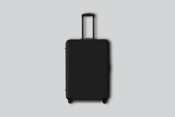Blank black suitcase with handle mockup stand isolated, 3d rendering. Empty traveler baggage mock up, front view. Clear plastic valise for things pac mockcup template. 3d rendering.