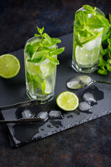 Mojito cocktail, lime slices, mint and ice on a dark background. Cocktail mojito, ice tongs and cocktail spoon on slate board. Top view