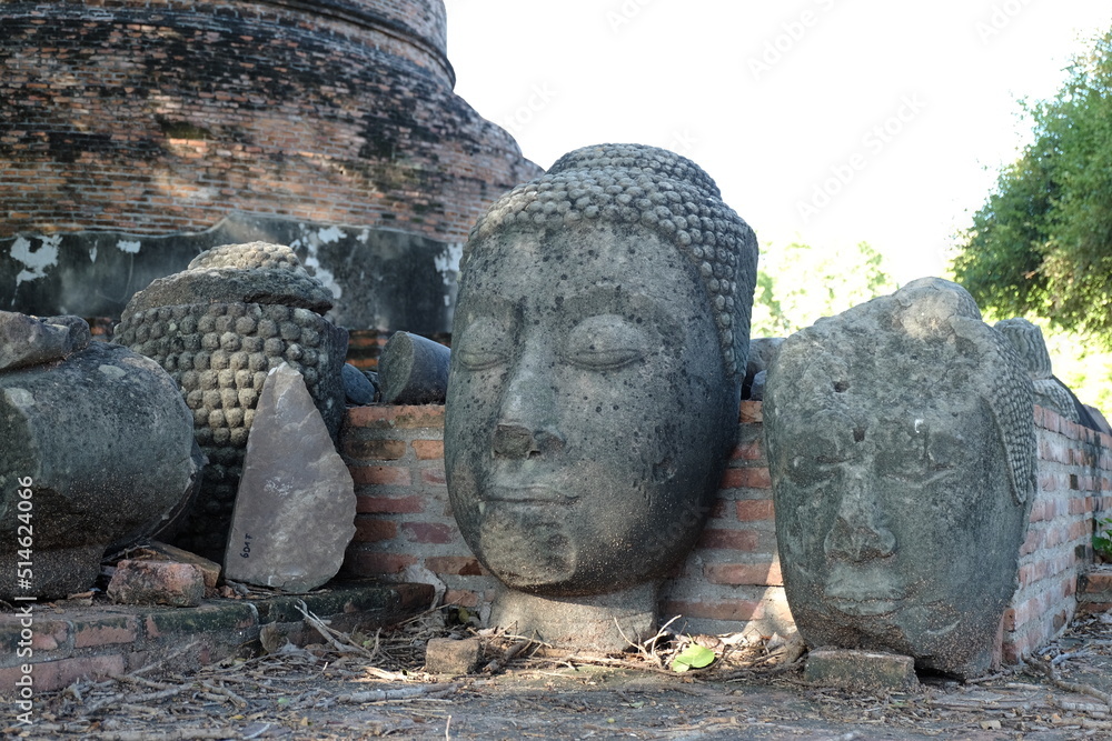 Poster ruins of ancient buddha, temple si sanphet city, Wat Phra Mahathat, Ayutthaya thailand, Thailand temple