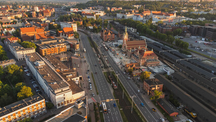 A drone view of the Old Town in Gdansk including the Central Station and the main road. Gdansk, Poland, sunset.