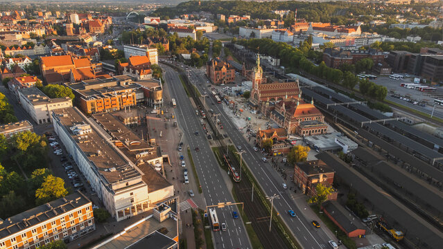 A drone view of the Old Town in Gdansk including the Central Station and the main road. Gdansk, Poland, sunset. © Kamil
