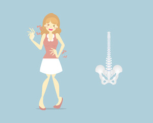 woman having back pain, backache, neck, upper, lower, waist pain,  anatomy of human spine, health care symptoms office syndrome, internal organs body part, flat vector illustration character design