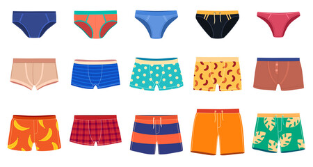 A set of men underpants and swimming trunks of various models. Clothes for the beach, underwear. Vector illustration