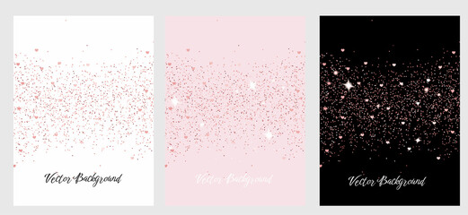 Sparkling falling pink gold dust with hearts. Set of vector backgrounds with glitter and space for text