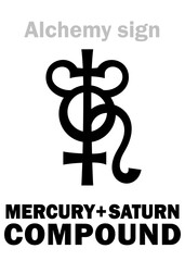 Alchemy Alphabet: «MERCURIUS & SATURNUS» — conjunction of perfect liquid metal and imperfect solid metal: Mercury & Lead (Hydrargyrum & Plumbum) = Hg+Pb. Alchemical sign, Medieval symbol.