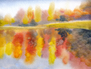 Autumn forest by the lake. Watercolor landscape