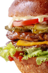 Double hamburger with sauce, pork cutlet, lettuce, tomatoes
