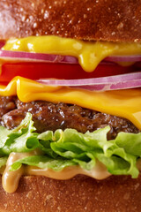Hamburger with pork cutlet, lettuce, onion, tomatoes, cheese