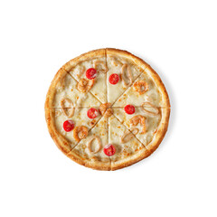 Pizza with shrimps, tomatoes, squid rings
